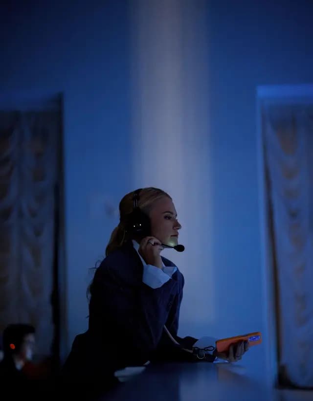 Organizer backstage in a headset, phone in hand